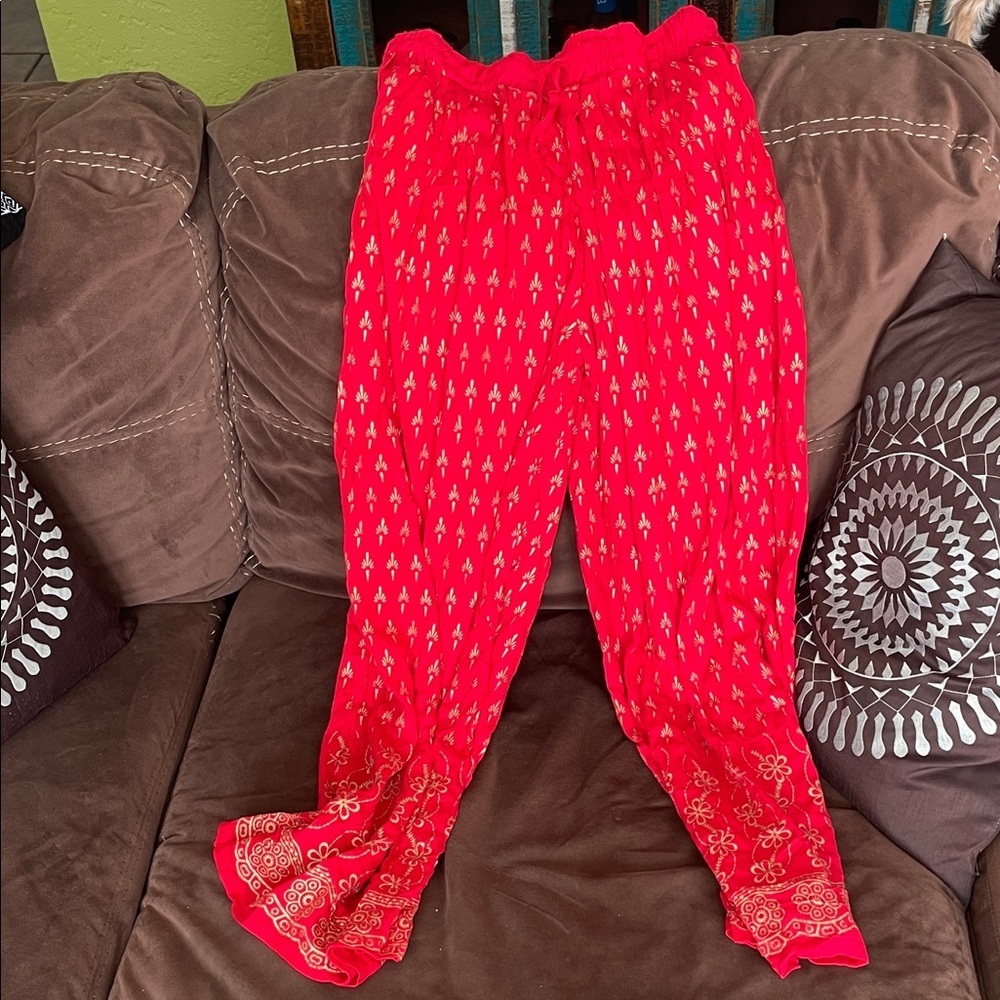 Red Patterned Women's Pants with Gold Design. Super soft and comfy feeling.